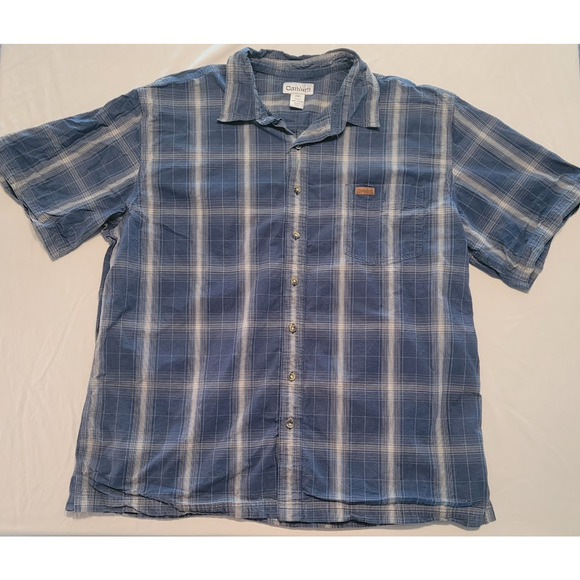 Carhartt Men’s Button-Up Short Sleeve Plaid Shirt 2XL Tall Blue Cotton Workwear - Picture 1 of 3